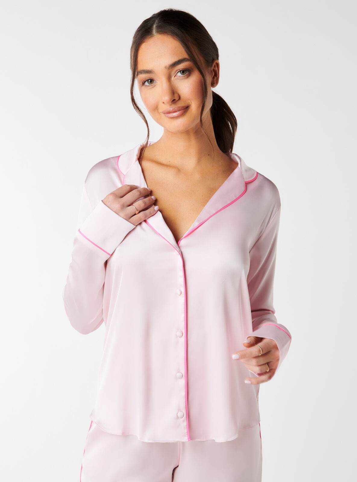 Boux Avenue Satin piped revere shirt - Blush Pink - 08