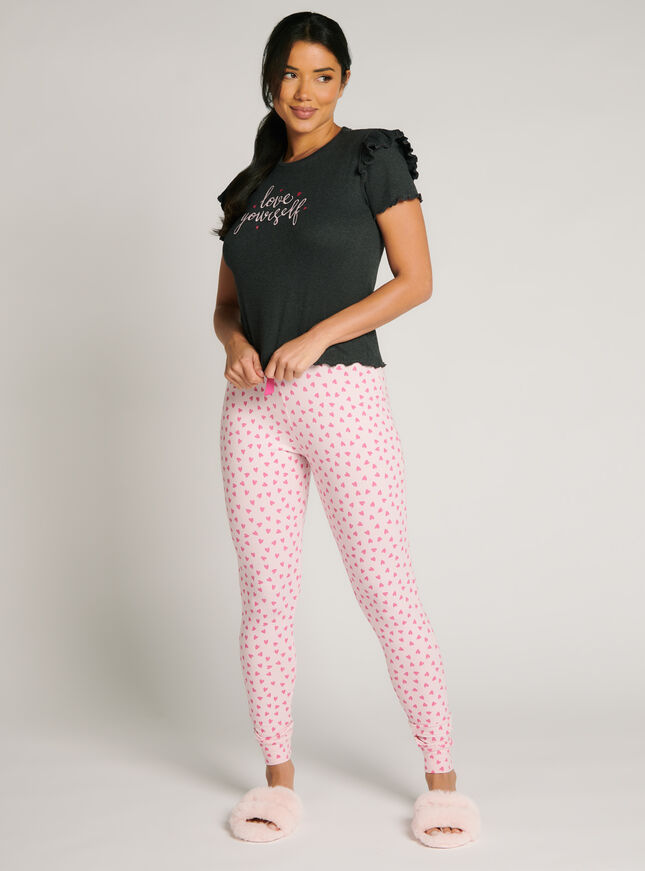 Love frill cotton tee and leggings pyjama set | Charcoal | Boux Avenue UK