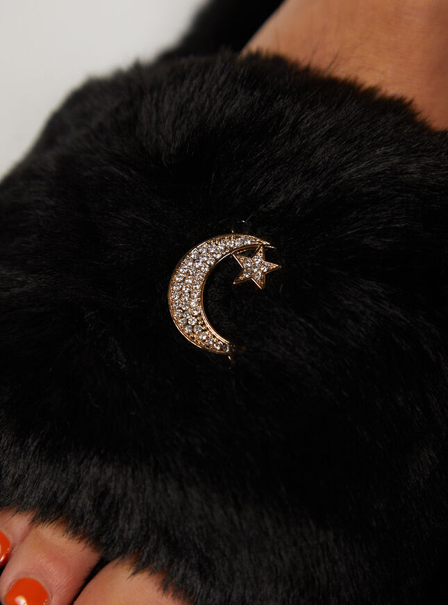 Black furry star slider slippers