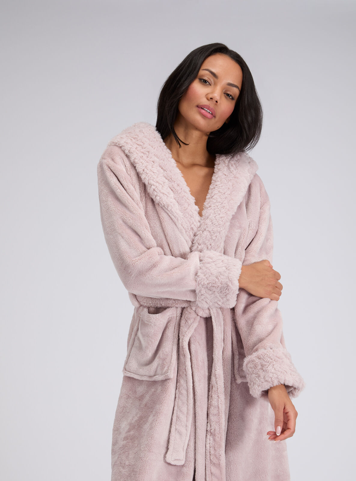 Fur-trimmed sparkle long dressing gown | Boux Avenue USA