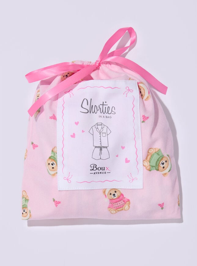Teddy bear fleece pyjama shorties in a bag