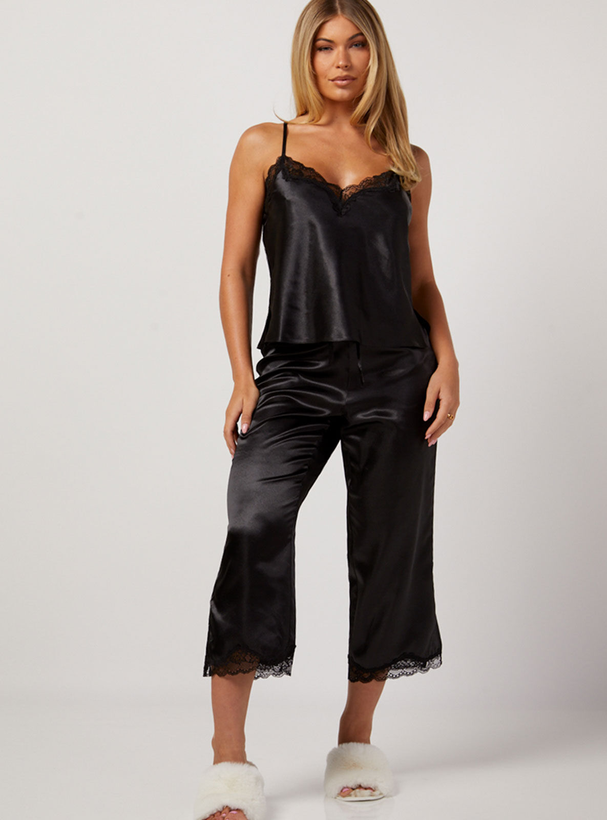 Boux Avenue Maisie satin cami and cropped pant set - Black - 10