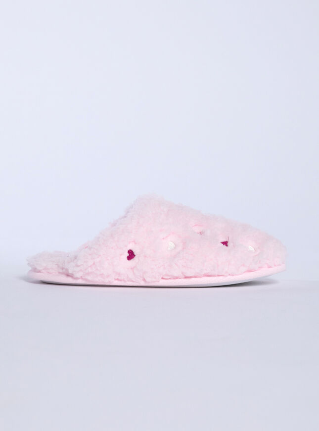 Teddy fleece heart embroidered mule slippers