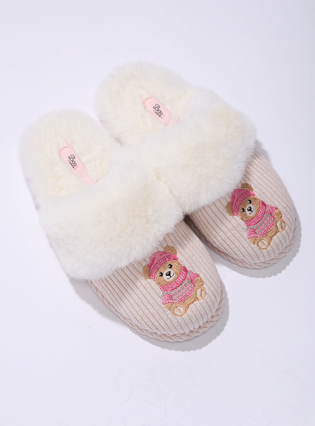 Teddy embroidered fluffy mule slippers
