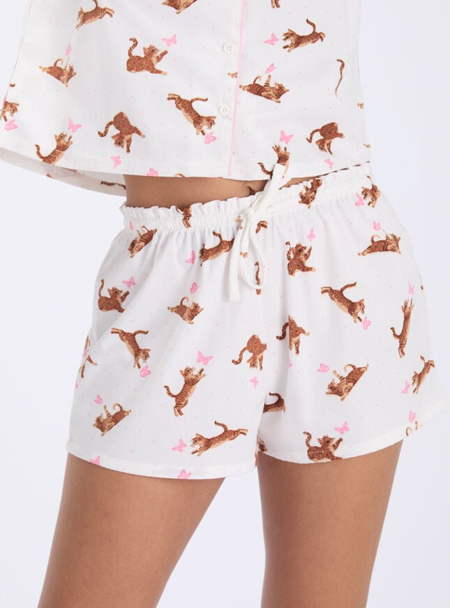 Cat print fleece pyjama shorties in a bag