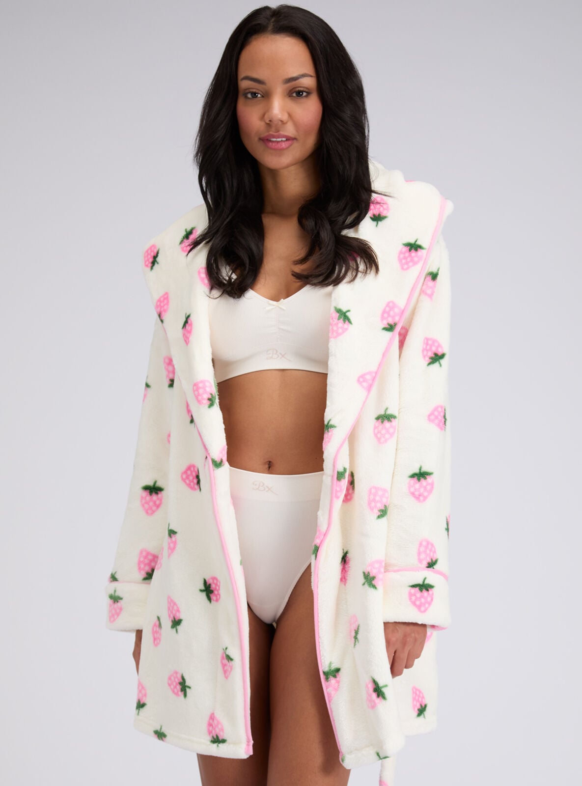 Fluffy strawberry short dressing gown | Ivory Mix | Boux Avenue UK