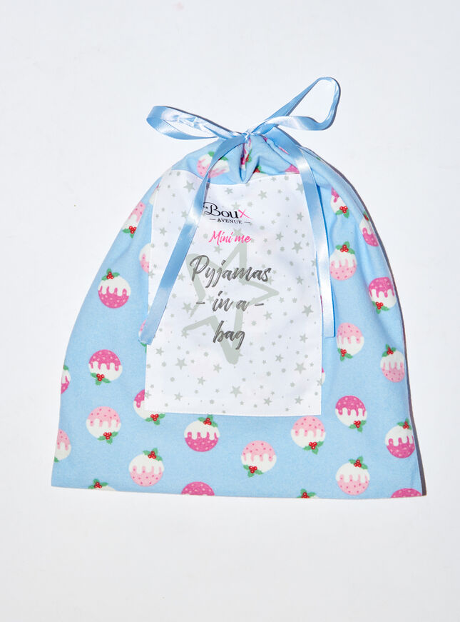 Kids fleece pudding pyjamas in a bag