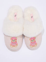 Teddy embroidered fluffy mule slippers