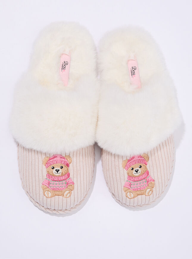 Teddy embroidered fluffy mule slippers