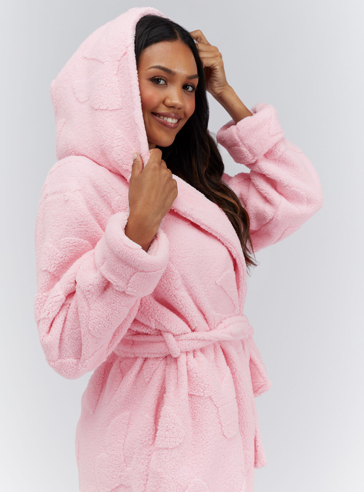 short fluffy dressing gown with hood Puntoco Women's Embossed Textured Hooded Short Bathrobe, Wrap V Neck Self  Tie Belt Oversized Fluffy Plush Mini Loungewear Sleep Robe with Side  Pockets White XL