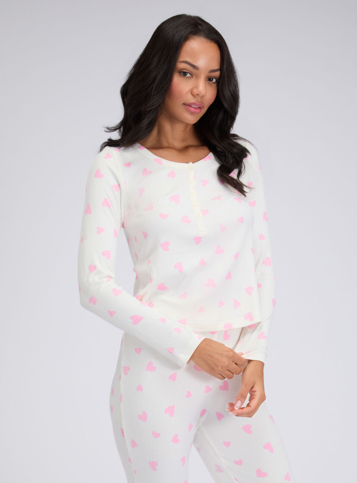 Boux Avenue Ribbed heart henley pyjama set - Ivory Mix - 06