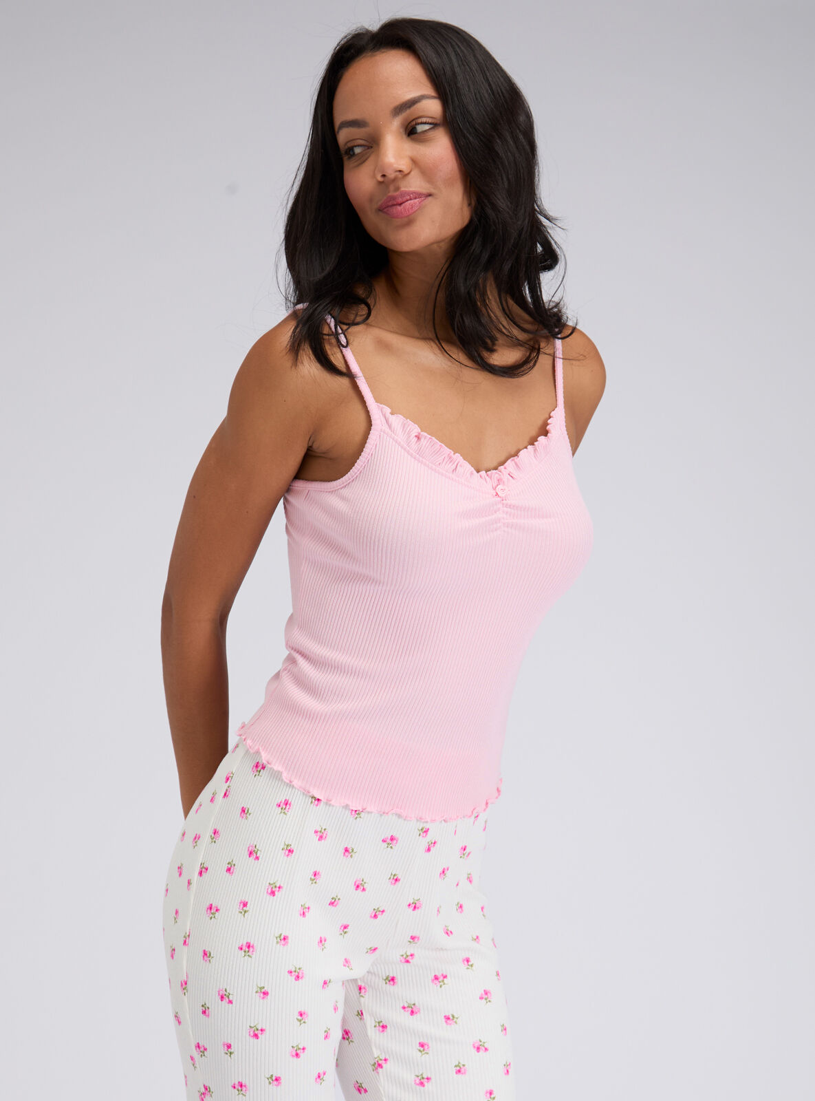 Boux Avenue Pyjama Set Women's Floral Ribbed Nightwear Cami Top and Pants PJ-image