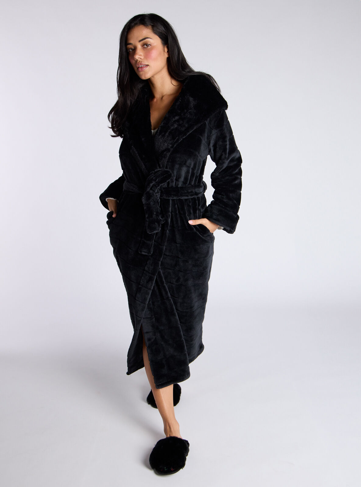 Boux Avenue Dressing Gown Women's Fluffy Cut Fur Long Bath Robe Hooded Nightwear - Picture 4 of 11
