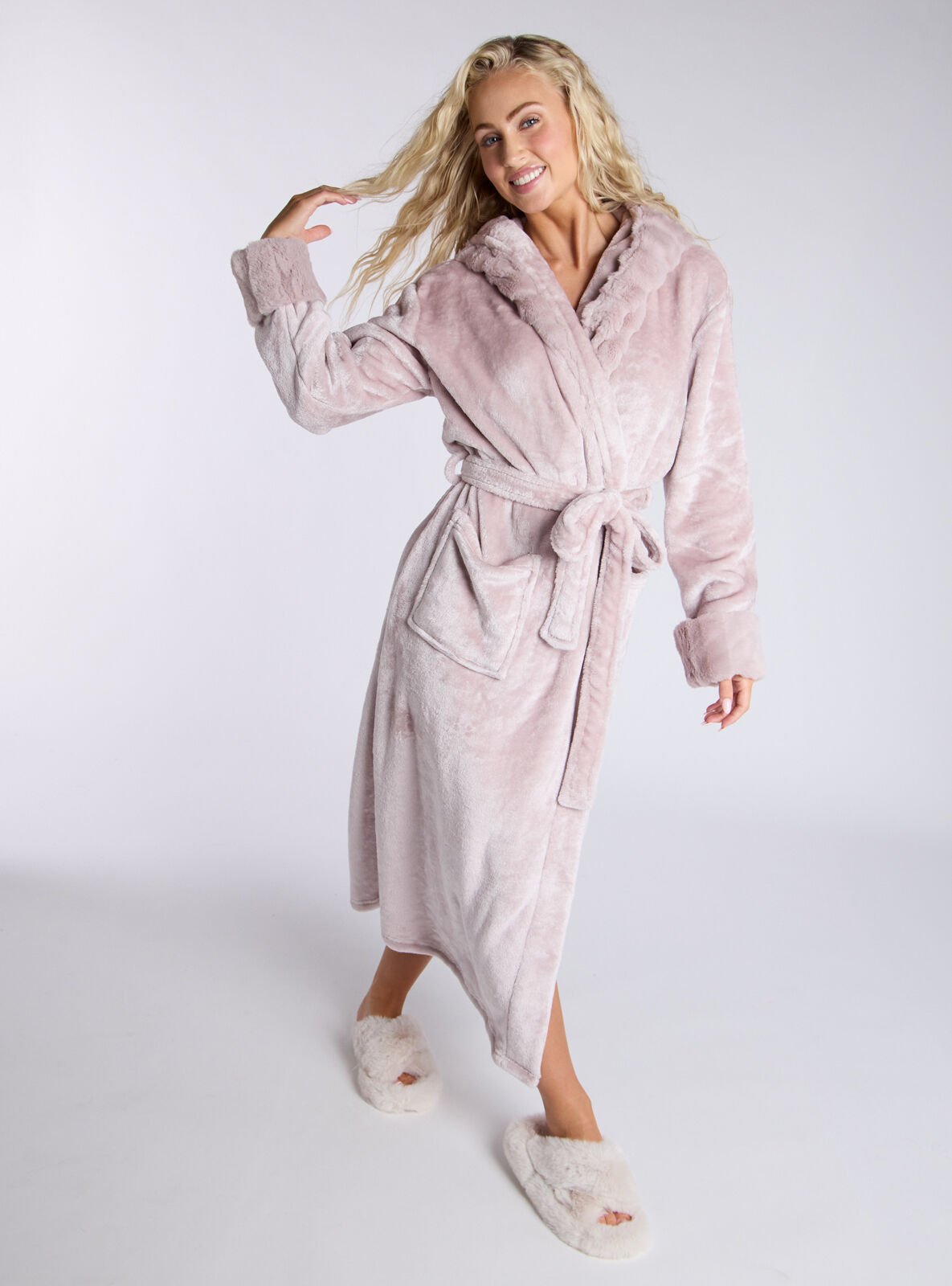 Boux Avenue Dressing Gown Women's Fluffy Cut Fur Long Bath Robe Hooded Nightwear