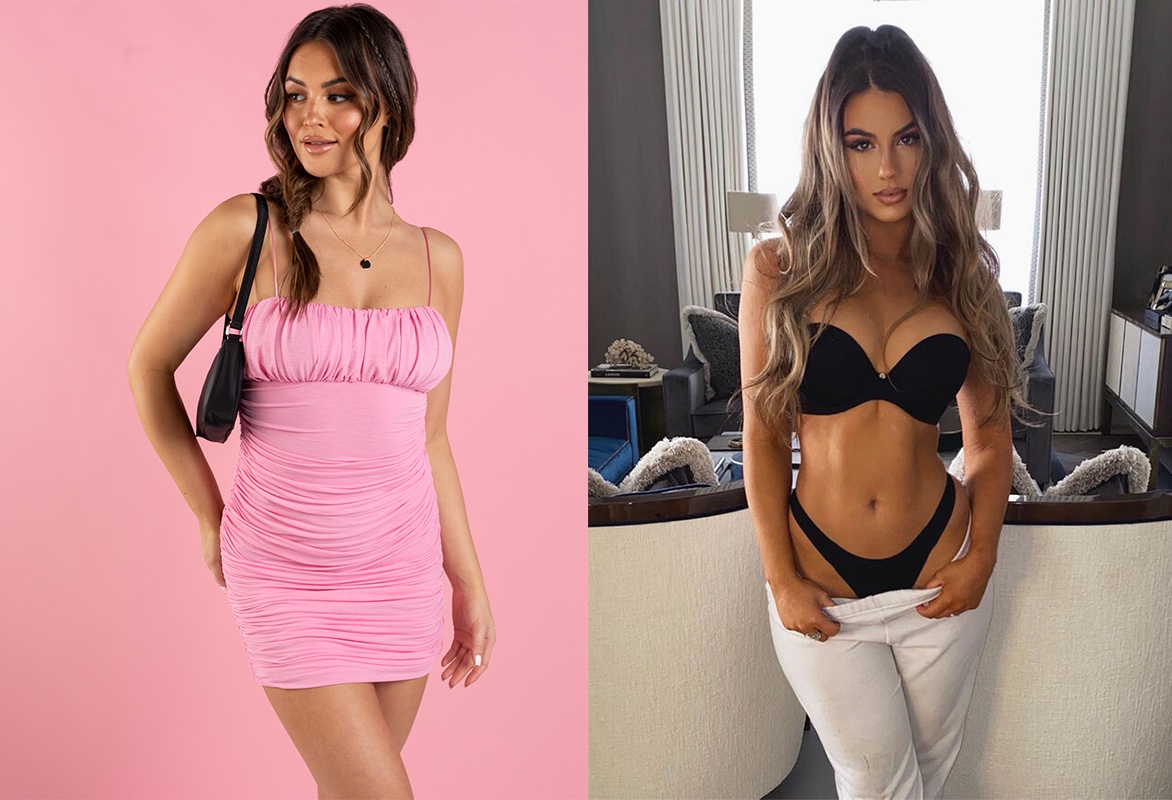 women wearing a pink bodycon dress and another wearing a black strapless bra