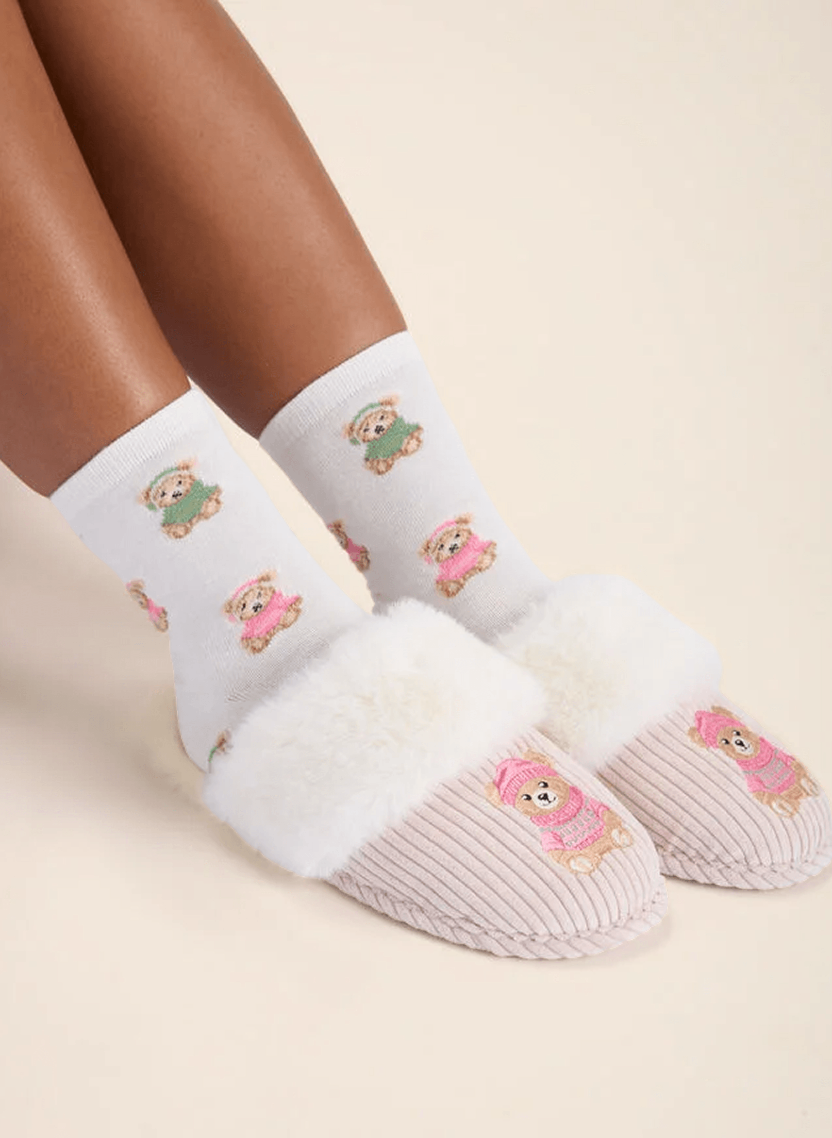 Teddy embroidered fluffy mule slippers