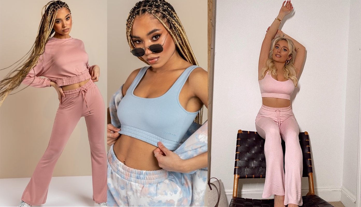 women wearing pink flare pants set and another wearing a blue bralette