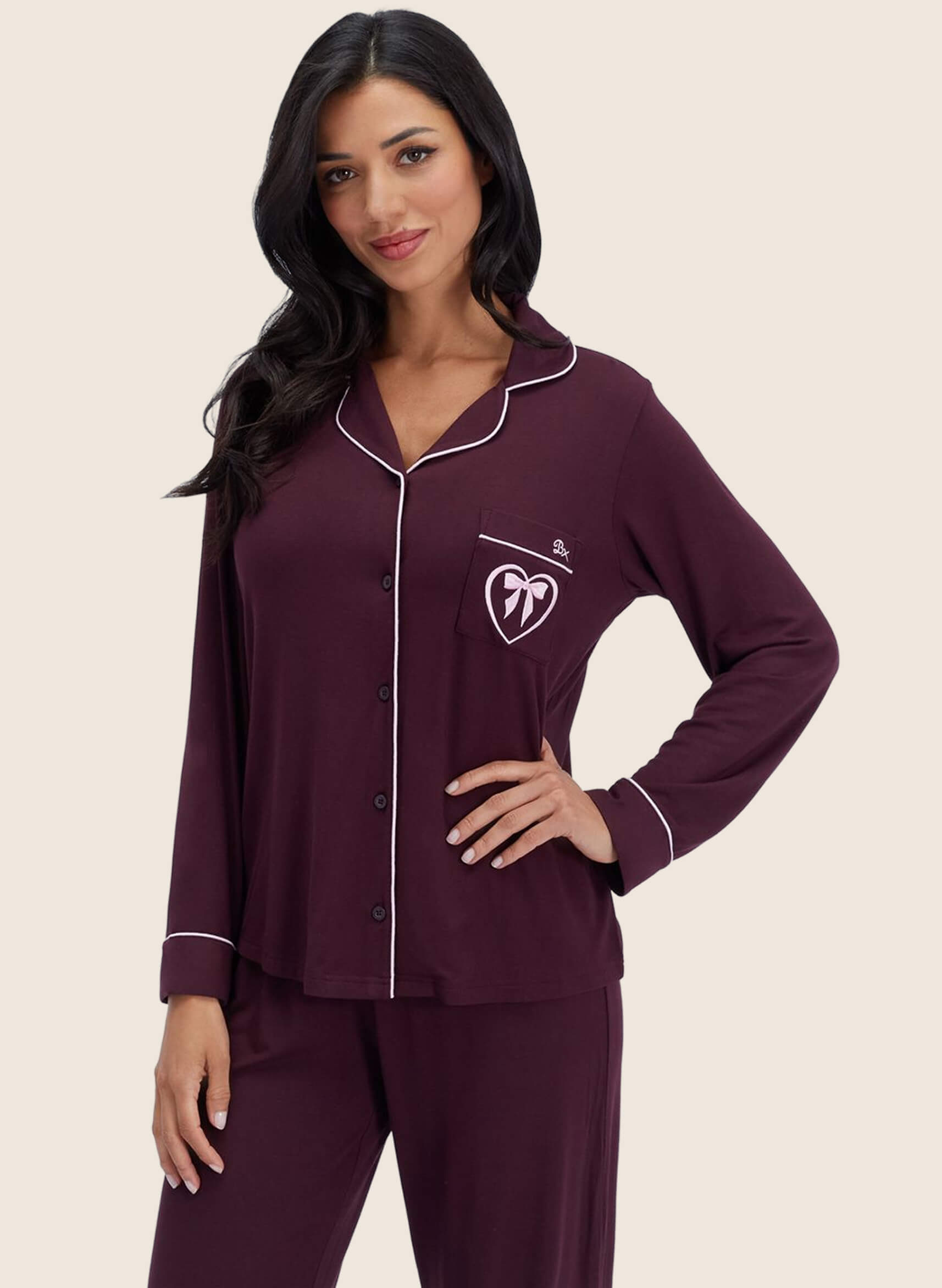 Piping modal long pyjama set - Blackberry