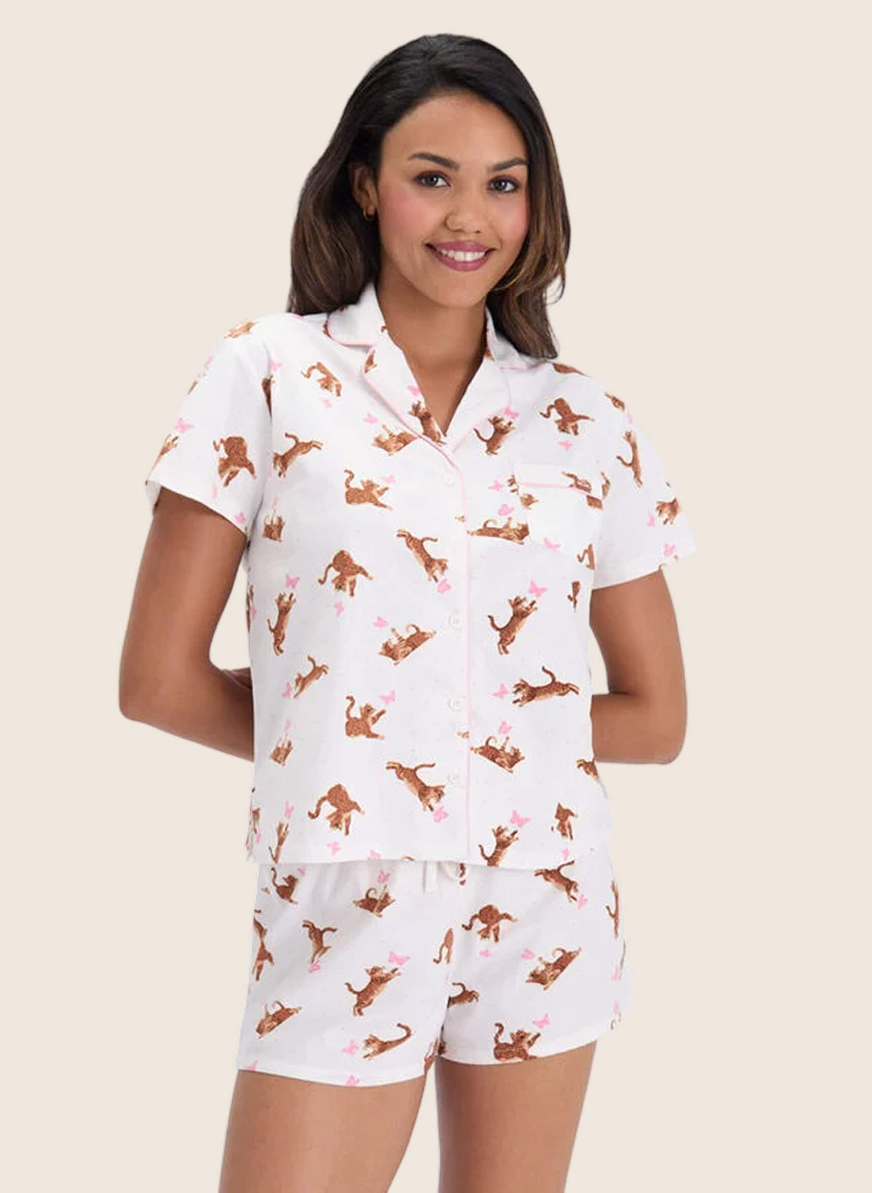 Cat print fleece pyjama shorties in a bag