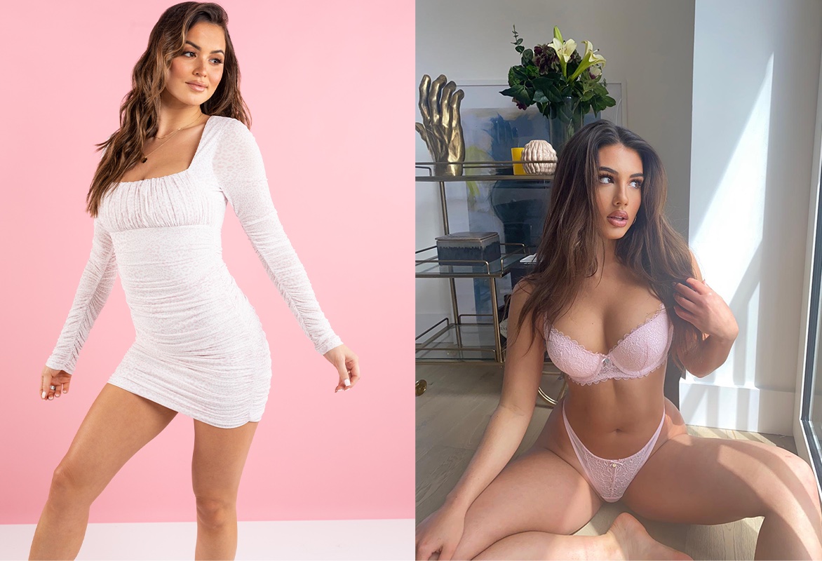 a women in a pink bodycon set and another woman in a pink lingerie set