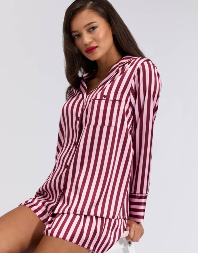 Oversized satin top and shorts pyjama set - Burgundy Oversized satin top and shorts pyjama set - Burgundy