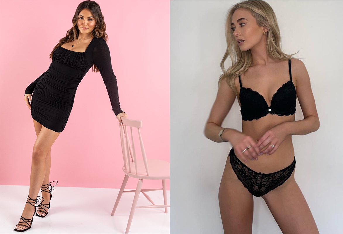 a women in a black bodycon set and another woman in a black lingerie set