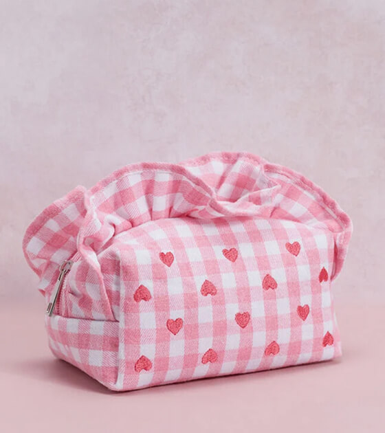 Gingham Heart Embroidered Makeup Bag