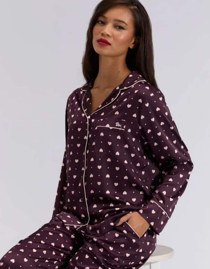 Satin heart top and pant pyjama set - Blackberry Satin heart top and pant pyjama set - Blackberry