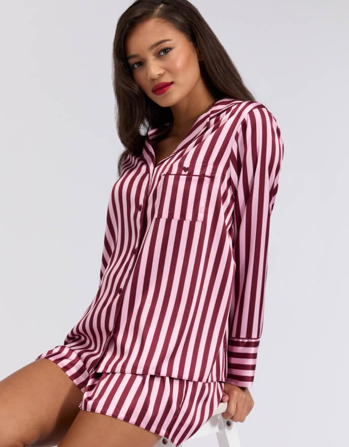 Oversized satin top and shorts pyjama set - Burgundy Oversized satin top and shorts pyjama set - Burgundy