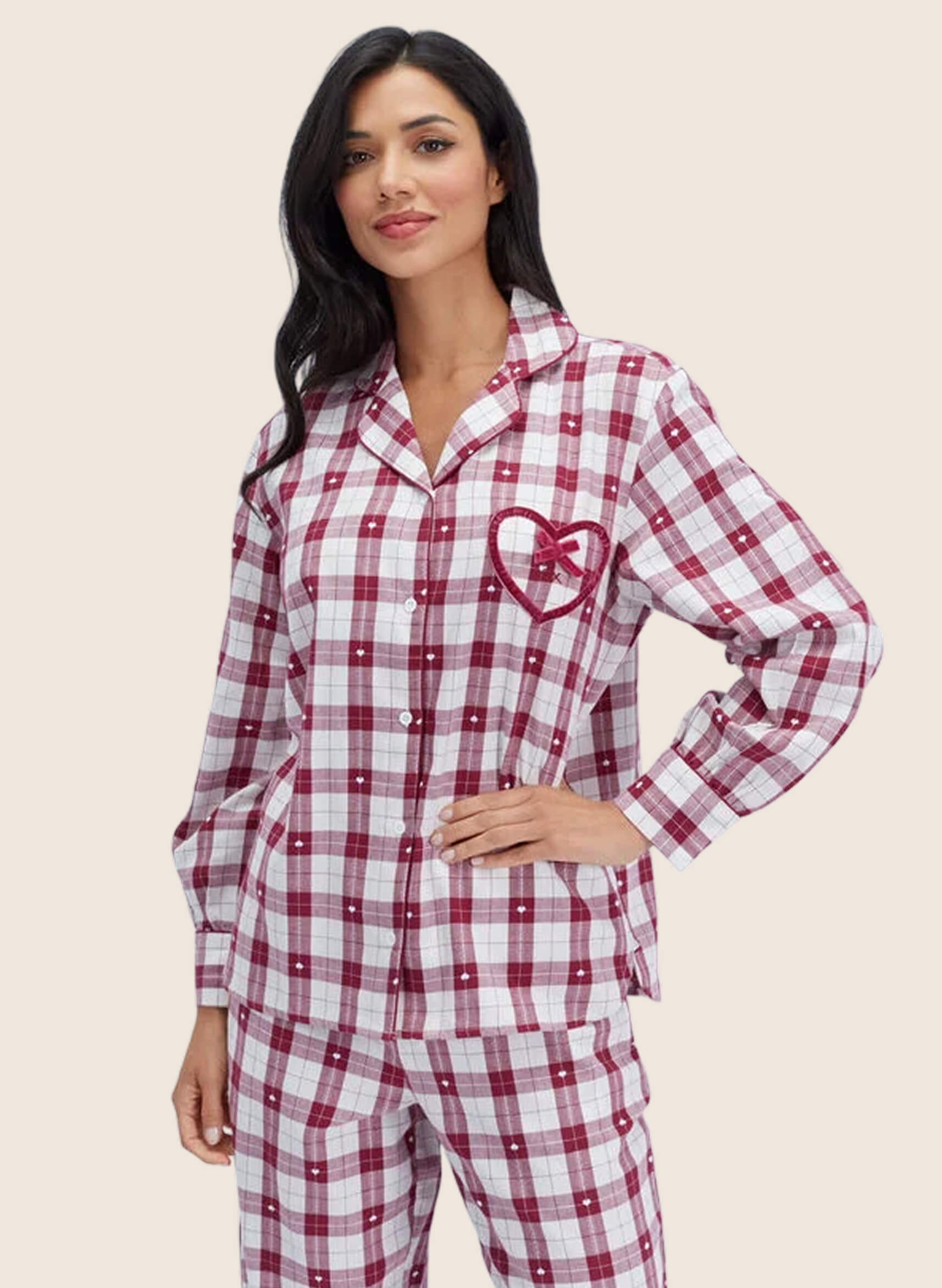 Checked heart cotton long pyjama set 