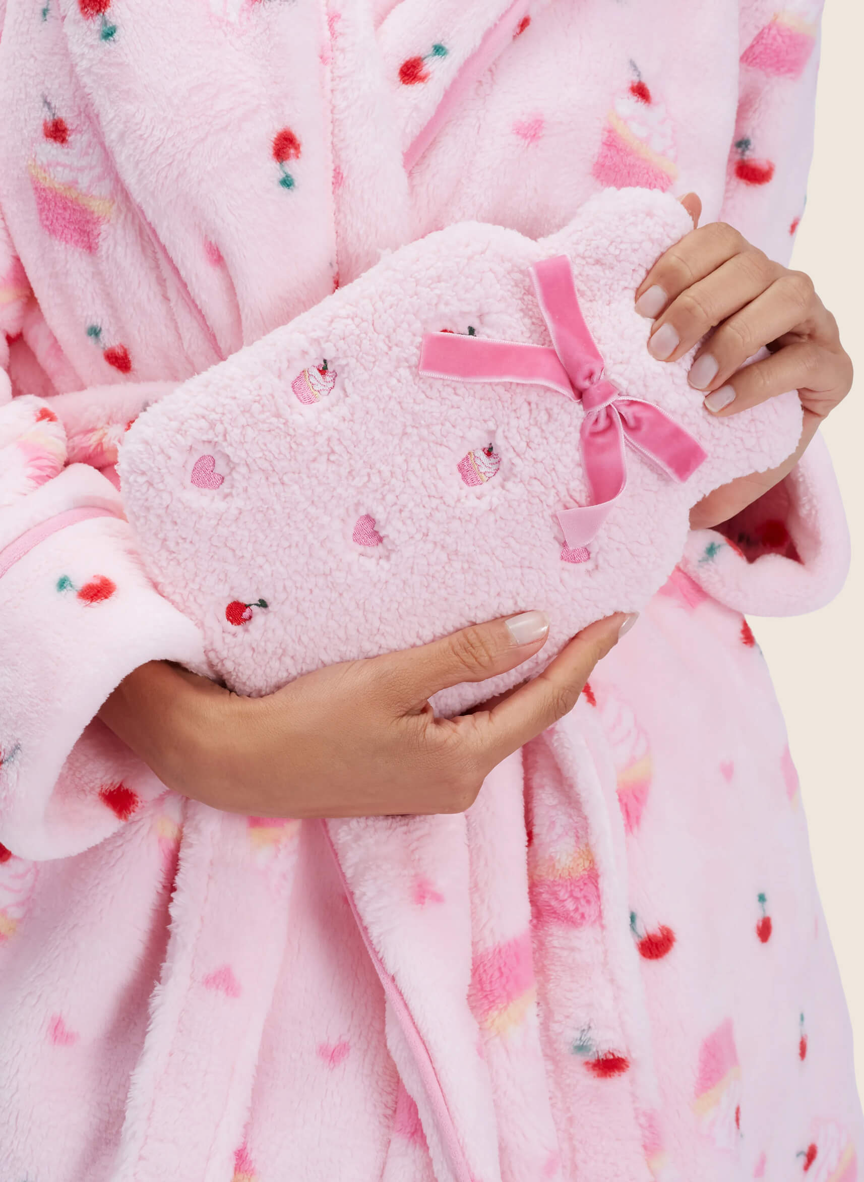 Bow & cherry teddy fleece hot water bottle