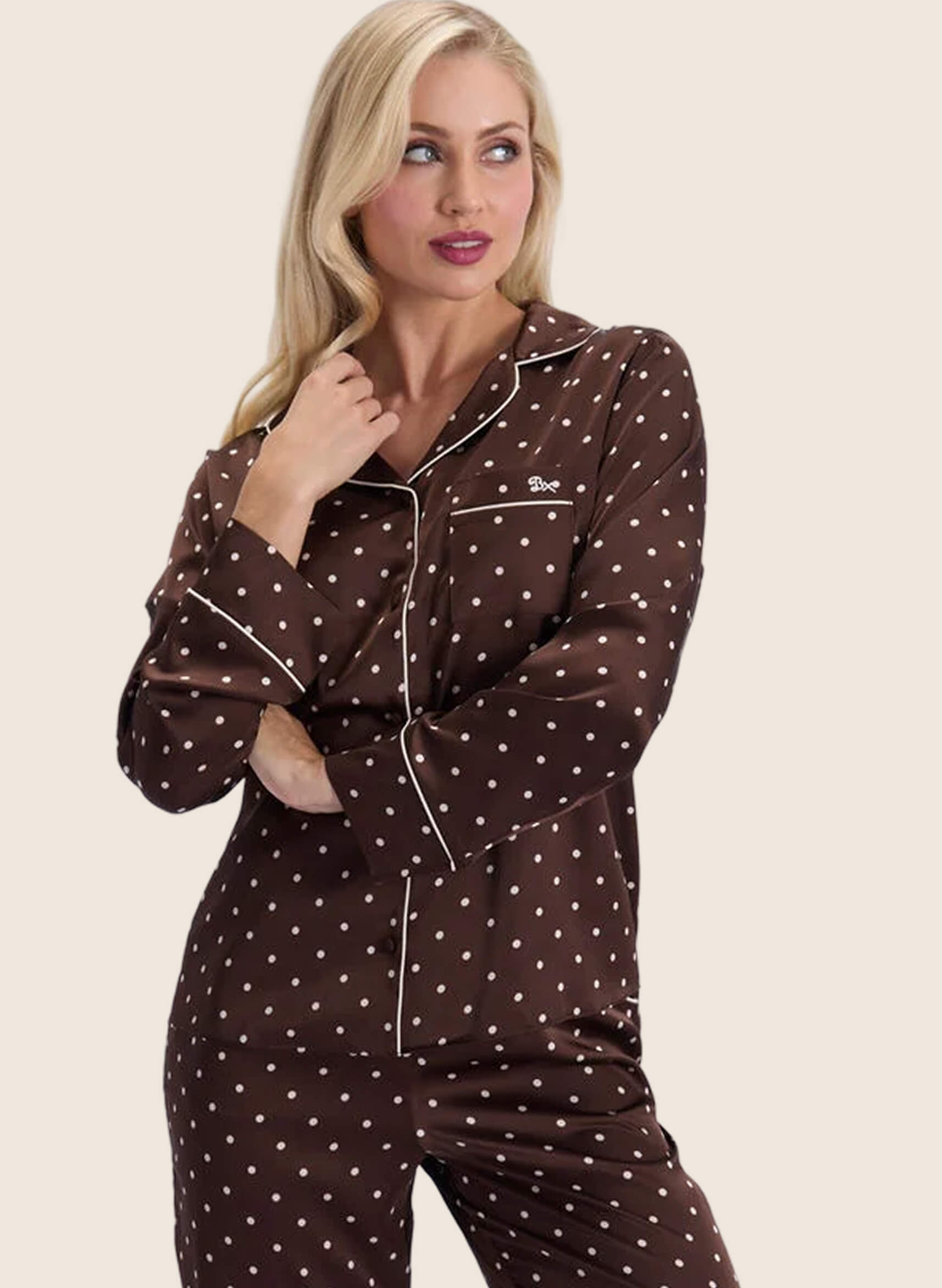 Polka dot satin long pyjama set